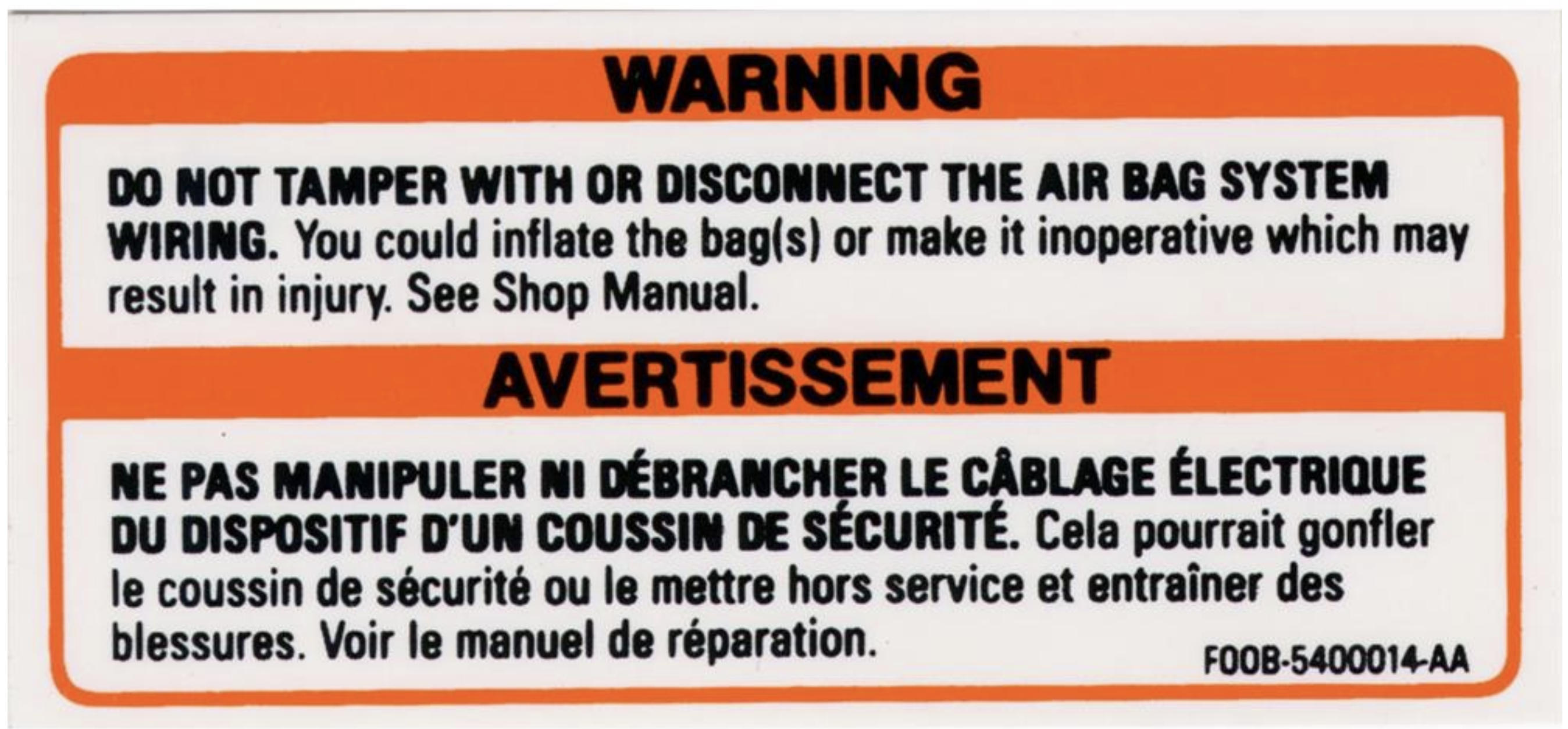 1990-93 Mustang Air Bag Warning Decal