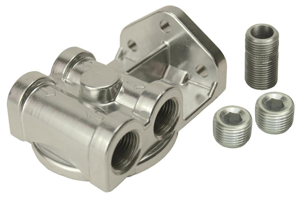 Derale Oil Filter Mount, 1/2 in NPT Ports, 3/4-16 in Center Thread, Aluminum, Universal