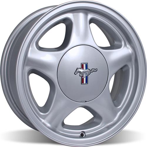 Mustang Pony wheel, 17x9 4 bolt, silver with center cap, 79-93 Mustang