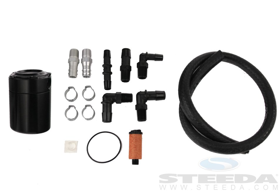 Steeda Mustang Oil Separator, Black, No Logo, 1987-04 Mustang, 2015-23 Mustang